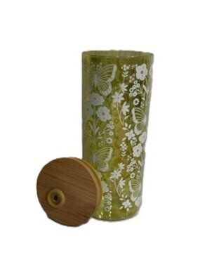 Vintage Style Green Butterfly & White Floral Glass Tumbler with Bamboo Lid EUC